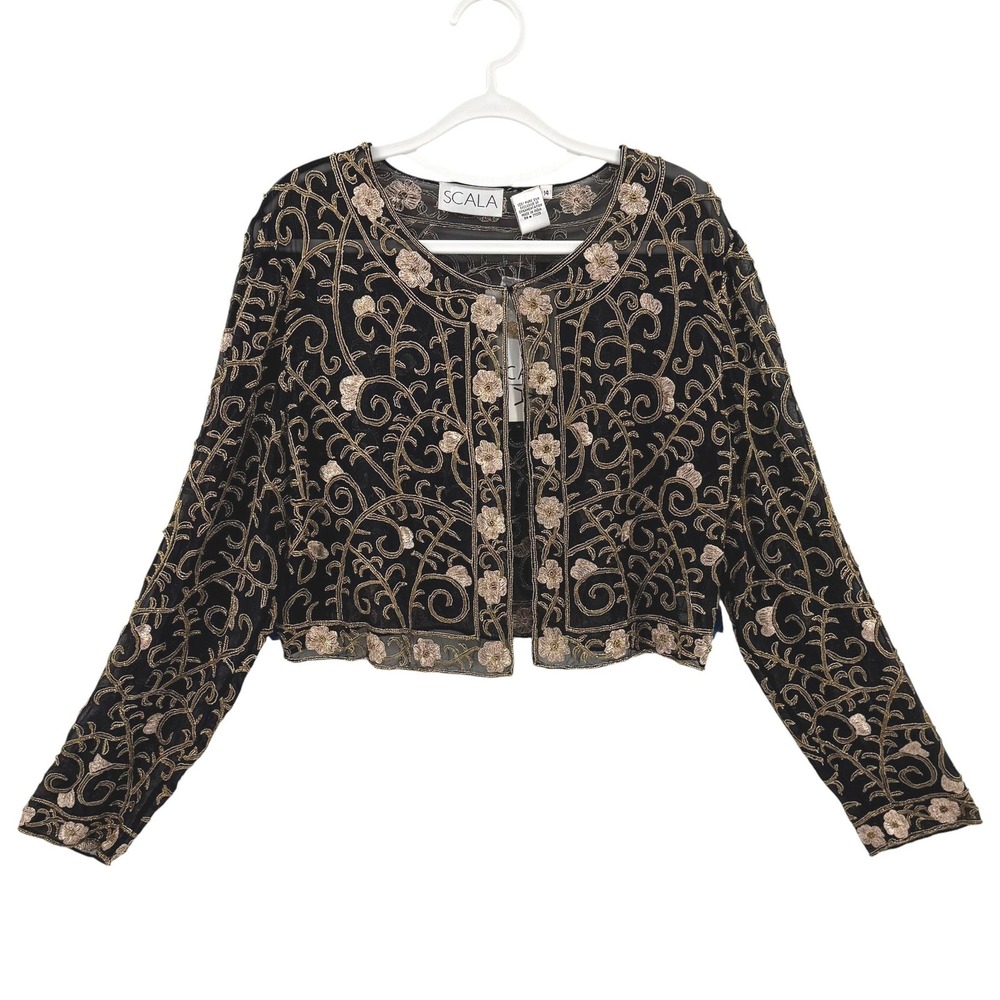 Scala Women Black Gold Beaded Silk Cropped Bolero Jacket Shrug Size 14 Vintage